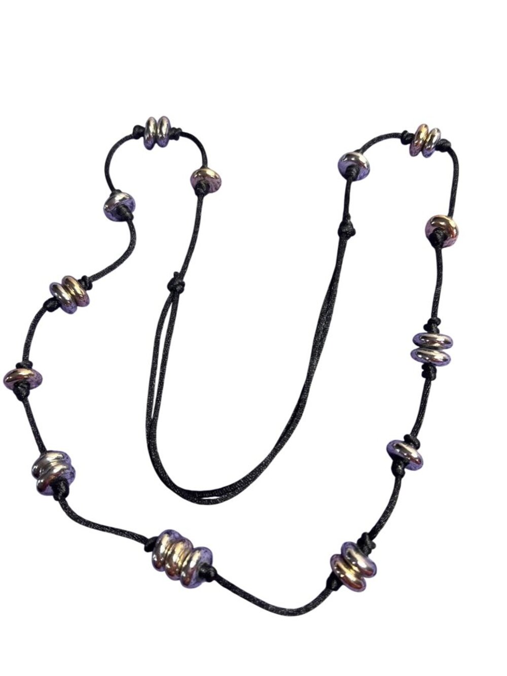 Silvertone Goldtone Beaded Knotted Adjustable Black Cord Necklace Heavy